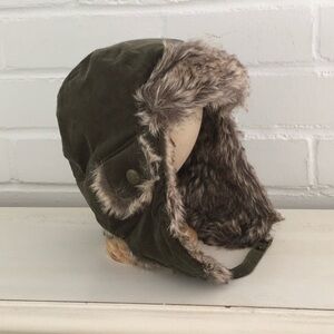 Cozy Faux Fur Lined Kids Trapper Hat - Olive Green Thin Corduroy